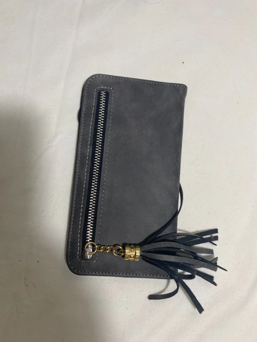 Gray Faux Leather Cell Phone Wallet Crossbody Purse Wristlet Card Holder Tassel